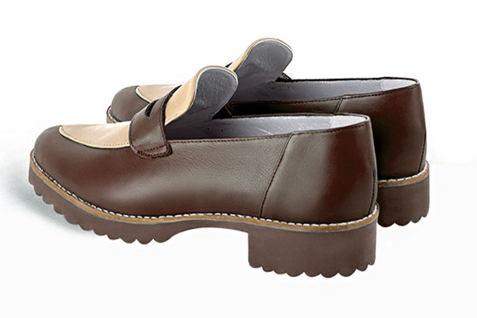Dark brown and champagne beige women's casual loafers. Round toe. Flat rubber soles. Rear view - Florence KOOIJMAN